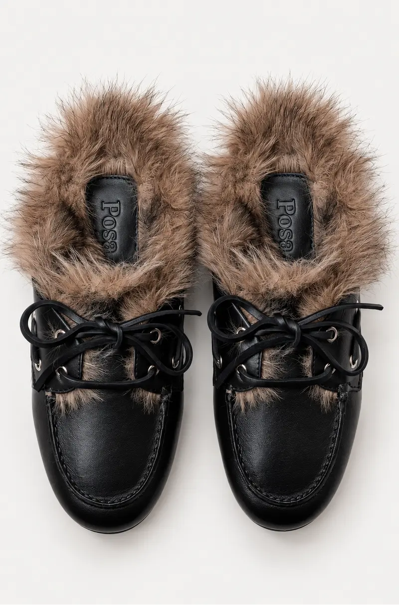 BYLOTTE x Posa - Loafers - Boat Loafer Mule Hairy Fur Soft Leather- Black