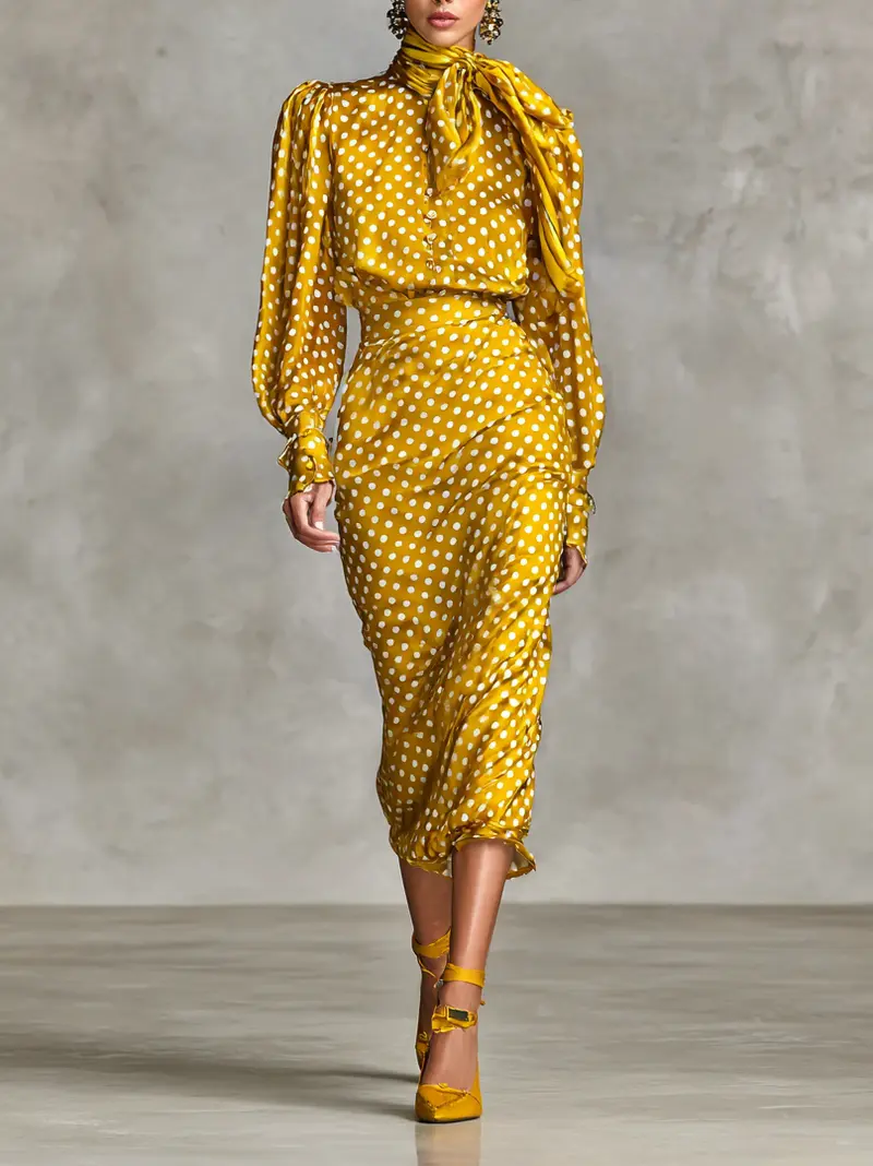 Caliora™ | Vintage Satin Polka Dot Print Shirt And Skirt Two-Piece Set