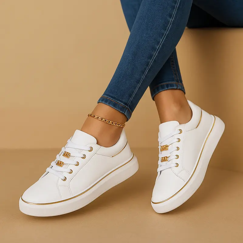 Carlena | Białe sneakersy damskie ze złotym detalem | Paulina