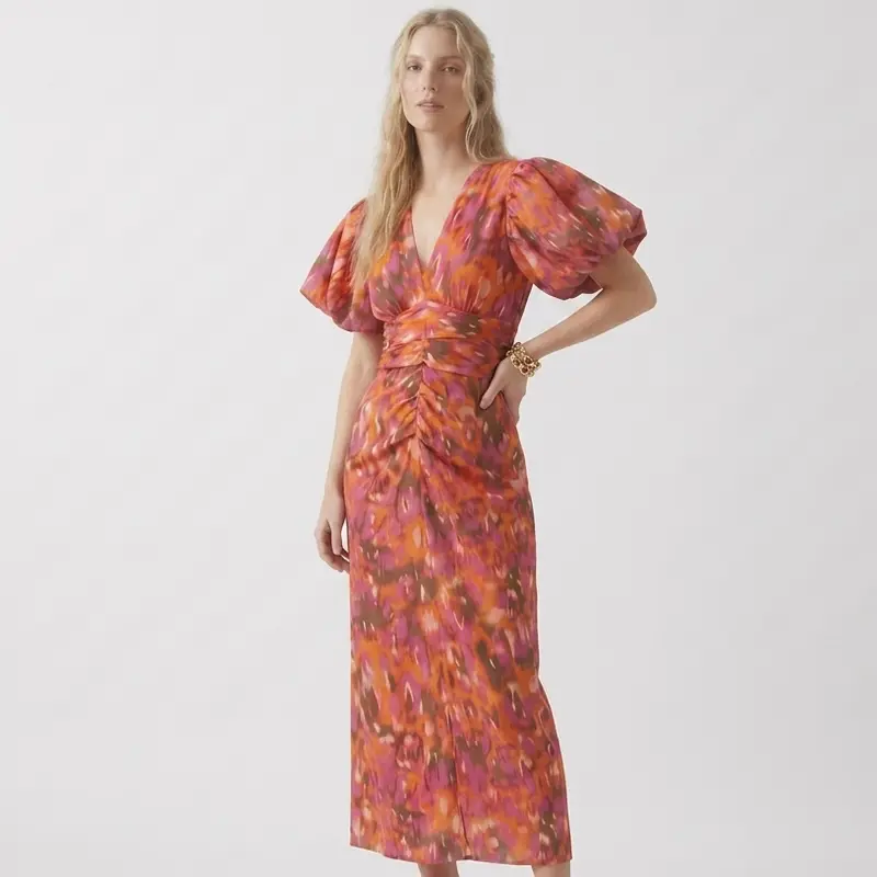 Carlena | Damska Sukienka Letnia V-Neck z Pofowanymi Rękawami