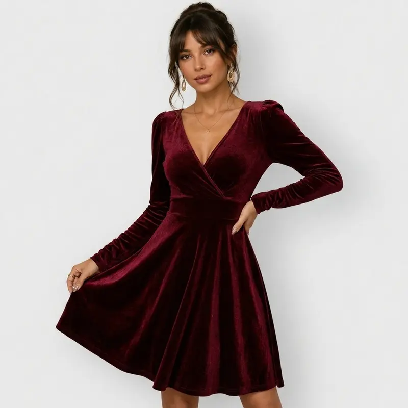Carlena | Elegancka Aksamitna Sukienka Mini Kopertowa z Dekoltem V