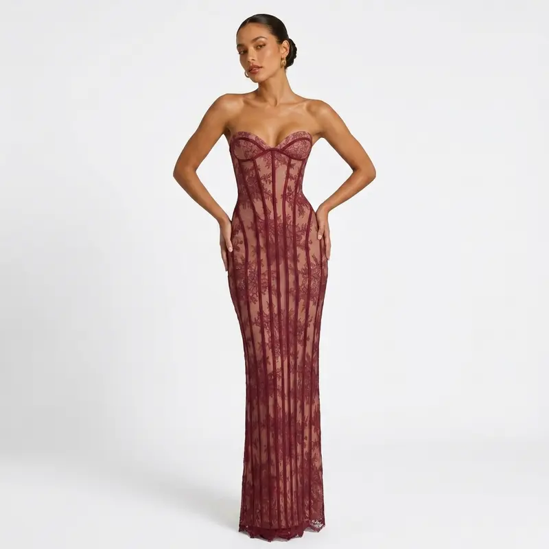 Carlena | Elegancka Koronkowa Sukienka Maxi z Gorsetem i Dekoltem Sweetheart