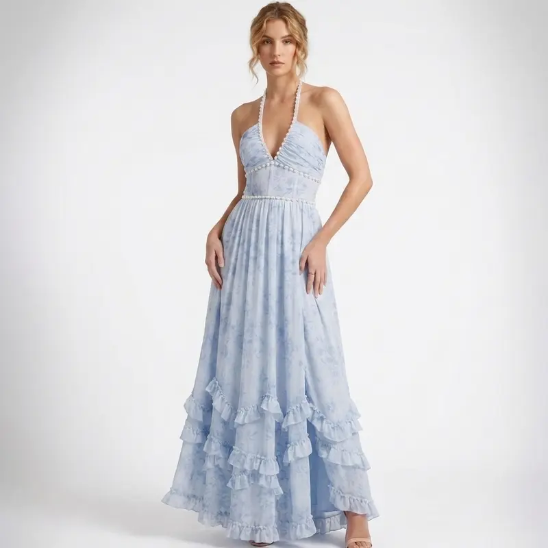 Carlena | Elegancka Kwiatowa Sukienka Maxi Halter z Perłami i Rozcięciem