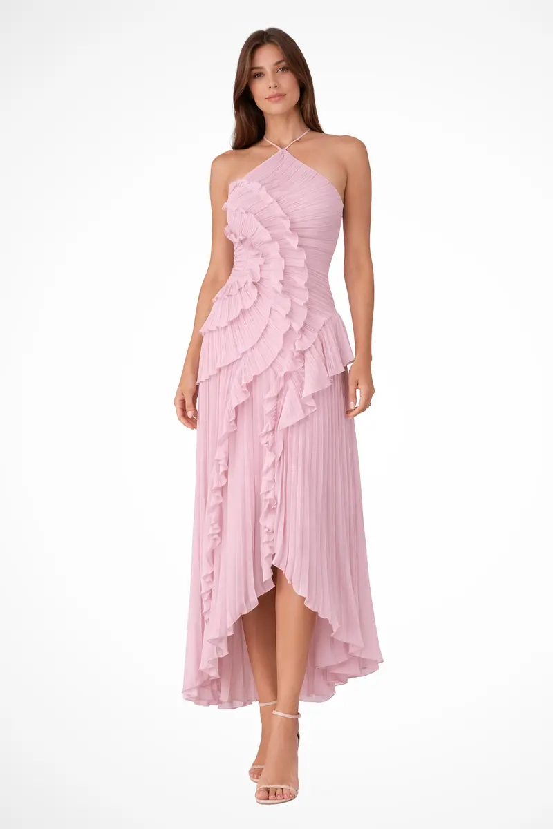 Carlena | Elegancka plisowana sukienka maxi z falbanami