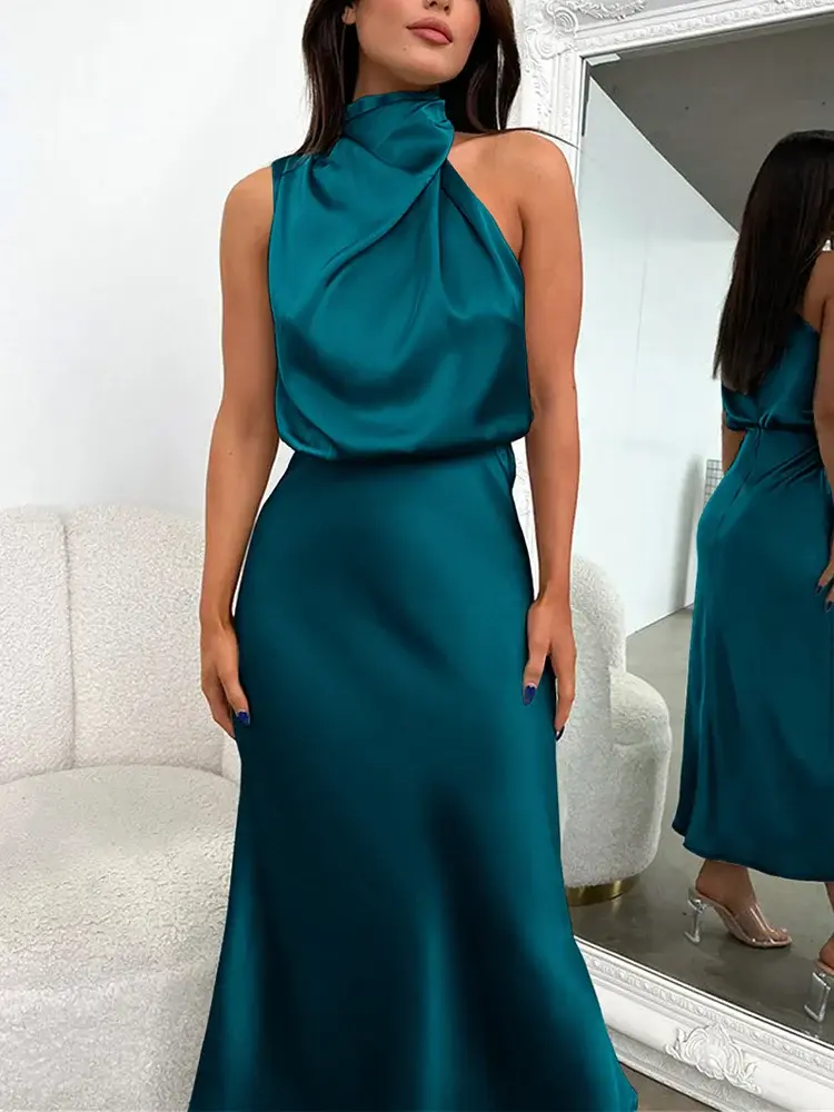 Carlena | Elegancka sukienka damska midi z satynowym wykończeniem lekka i stylowa