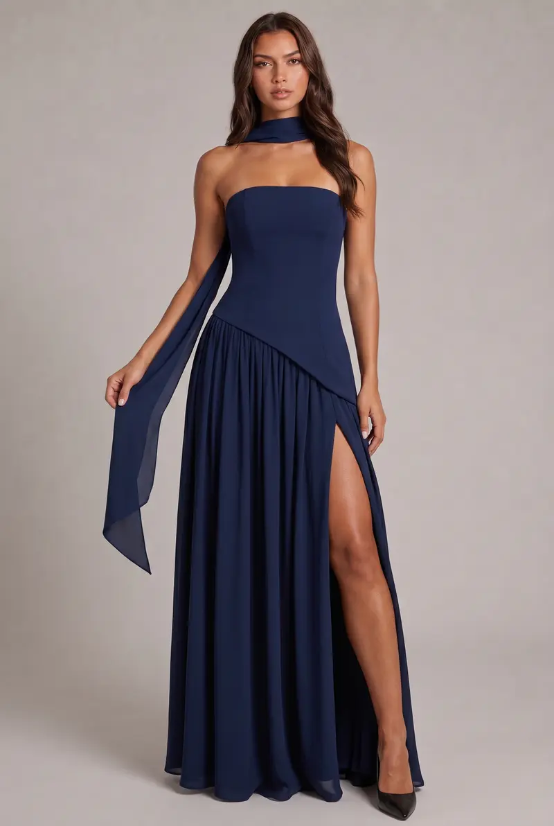 Carlena | Elegancka Sukienka Maxi Bez Ramiączek z Wysokim Rozcięciem i Szalem