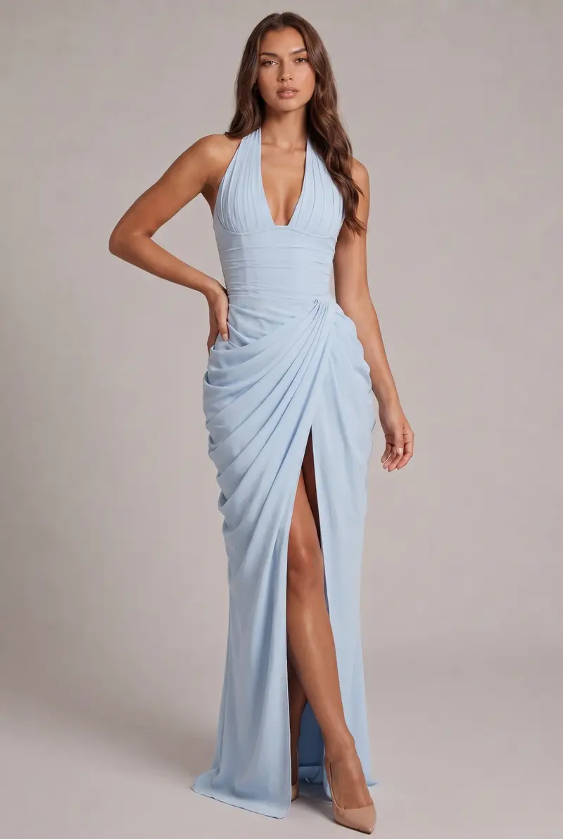 Carlena | Elegancka Sukienka Maxi Halter z Drapowaniem i Rozcięciem