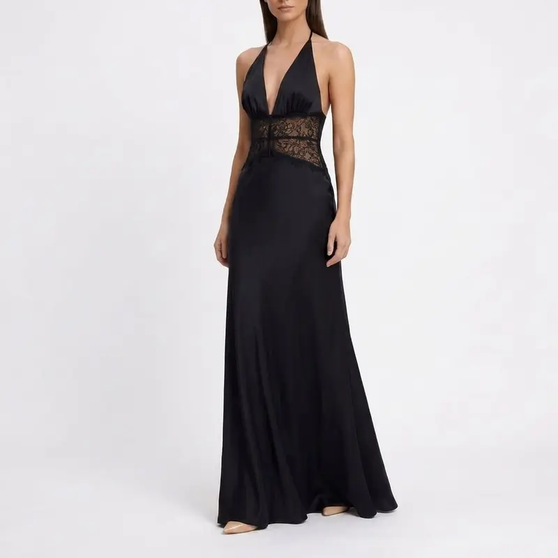 Carlena | Elegancka Sukienka Maxi Halter z Koronkową Talią