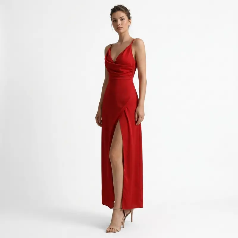 Carlena | Elegancka Sukienka Maxi na Wesele z Drapowanym Dekoltem i Rozcięciem