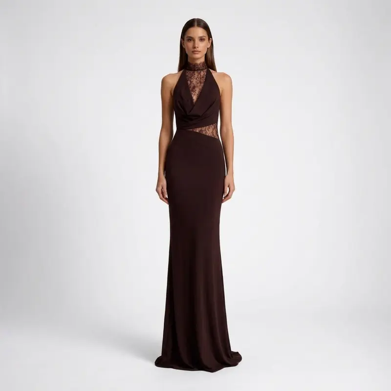Carlena | Elegancka Sukienka Maxi z Koronkowym Panelem Halter