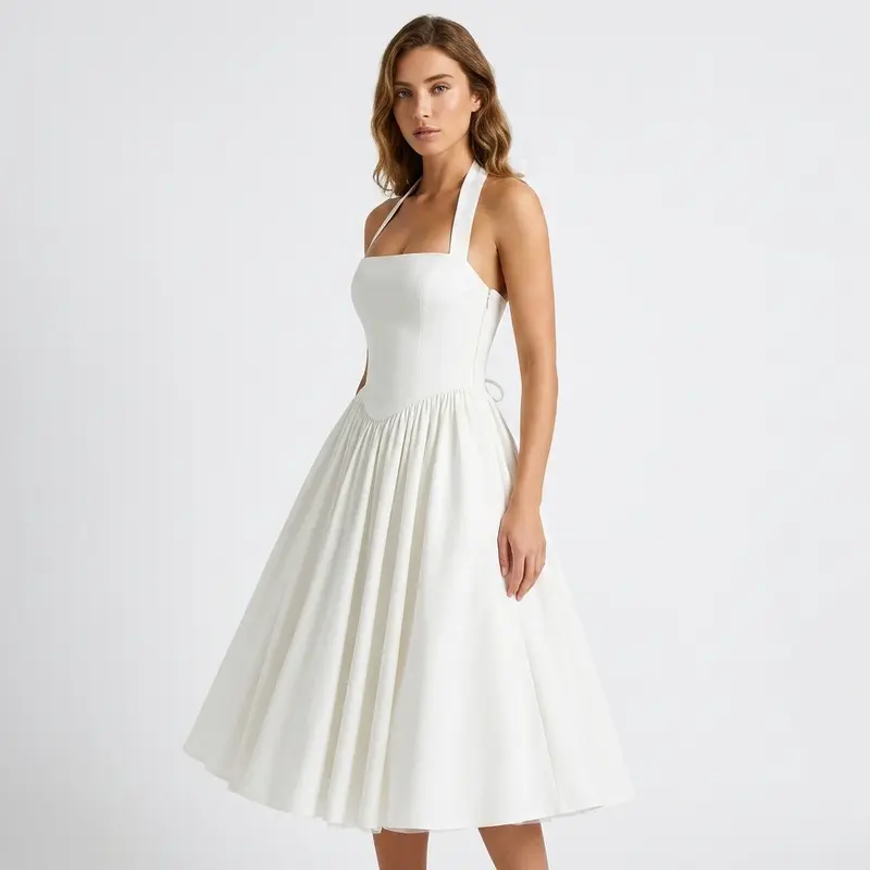 Carlena | Elegancka Sukienka Midi Halter z Rozkloszowaną Spódnicą i Kieszeniami
