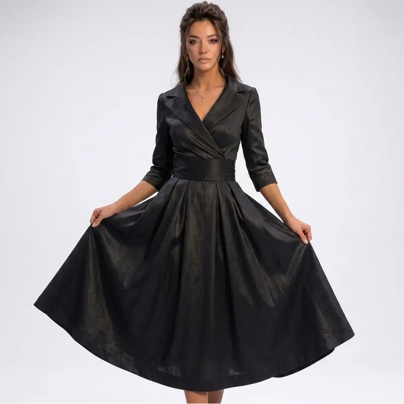 Carlena | Elegancka Sukienka Midi Kopertowa z Rozkloszowanym Dołem