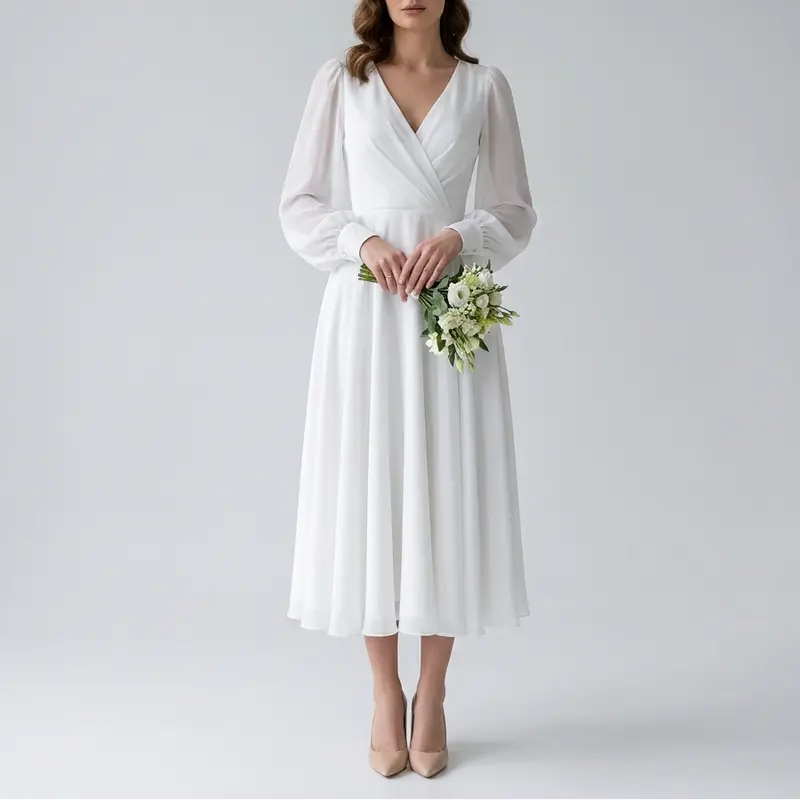 Carlena | Elegancka Sukienka Midi na Wesele z Kopertowym Dekoltem i Długimi Rękawami