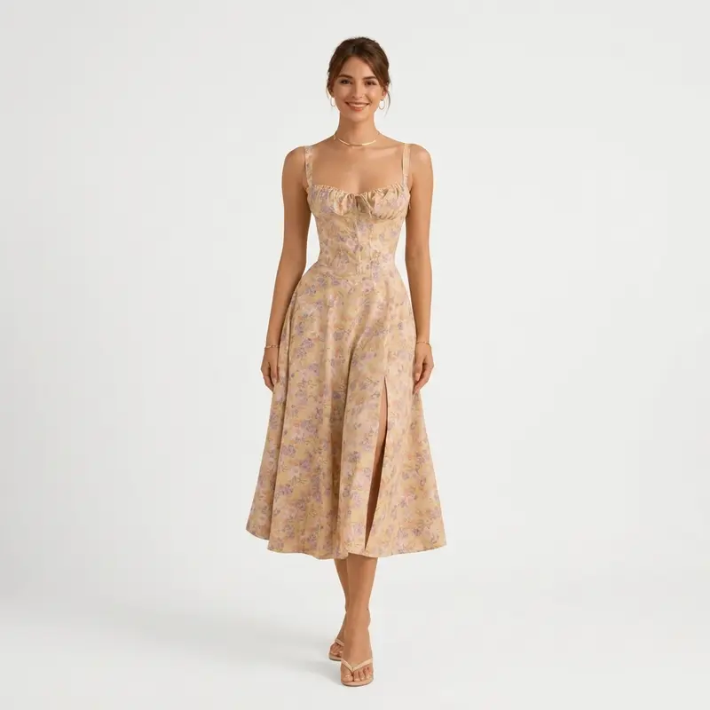 Carlena | Elegancka Sukienka Midi w Kwiaty z Gorsetowym Gorsetem i Dekoltem w Sercu