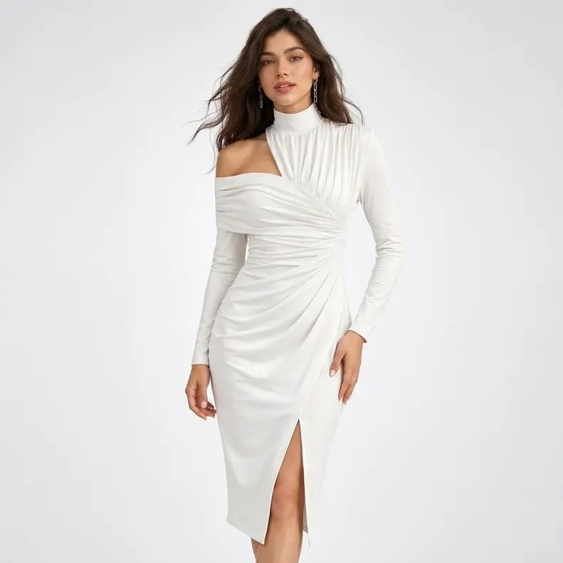 Carlena | Elegancka Sukienka Midi z Asymetrycznym Drapowaniem