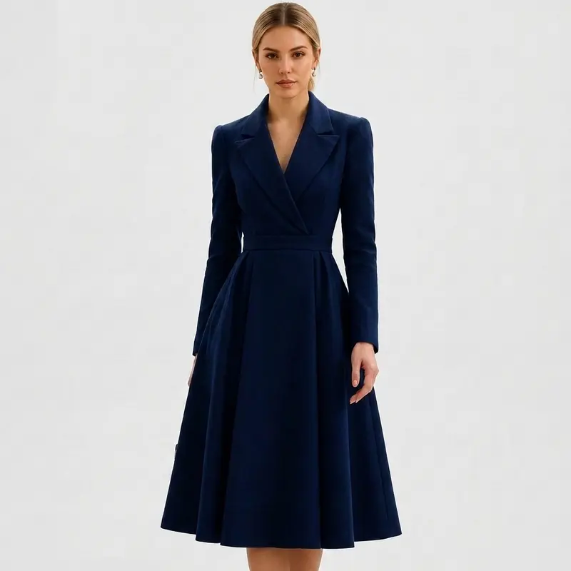 Carlena | Elegancka Sukienka Midi Żakietowa z Kołnierzem i Paskiem