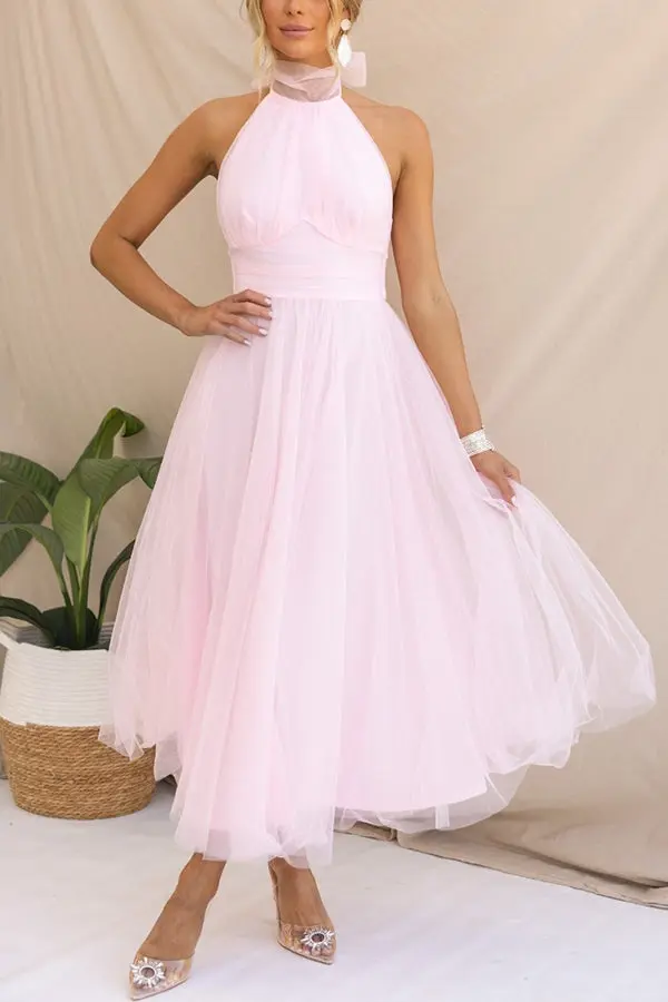 Carlena | Elegancka tiulowa sukienka midi z dekoltem halter