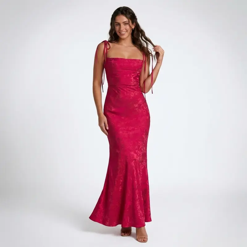 Carlena | Elegancka Żakardowa Sukienka Maxi w Kwiatowy Wzór z Wiązanymi Ramiączkami