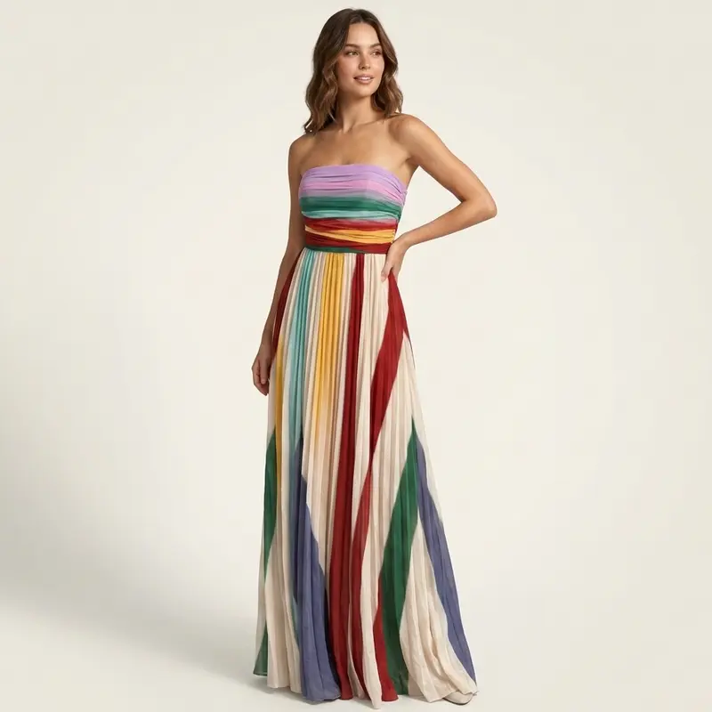 Carlena | Plisowana Sukienka Maxi Strapless w Wielokolorowe Pasy