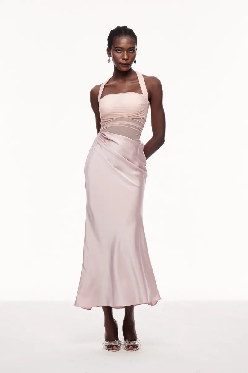 Catharina Halter Neck Ruch Satin Maxi Dress