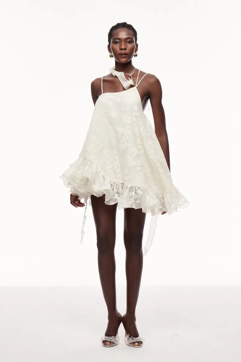 Cecilio Asymmetric Ruffle Puffy Mini Dress In Apricot
