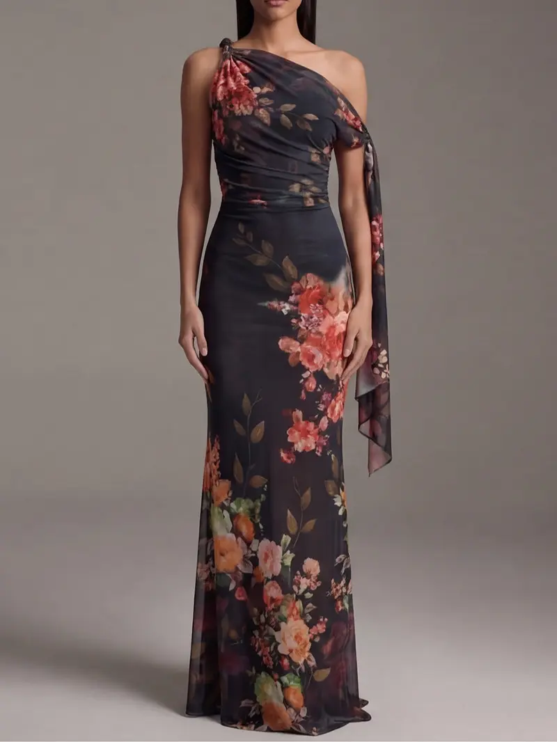 Celinea™ | One-Shoulder Chiffon Maxi Dress