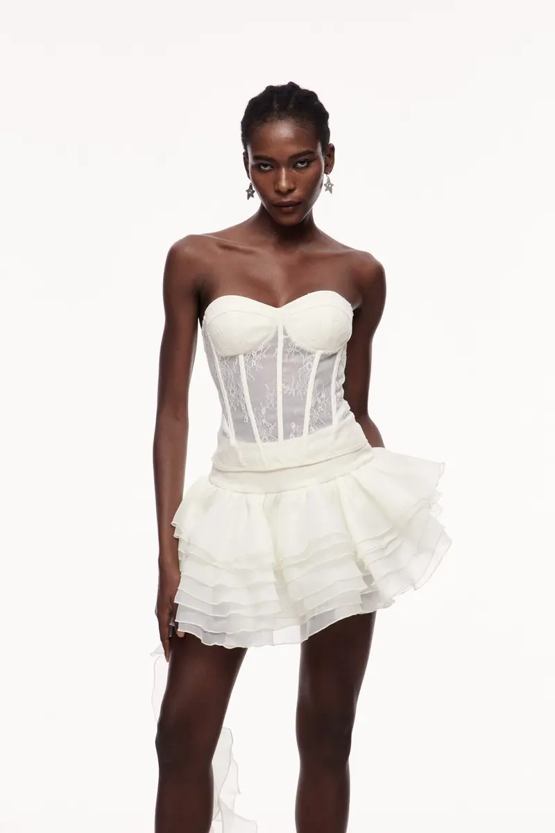 Cellach Lace Corset Asymmetric Fringe Skirt Set