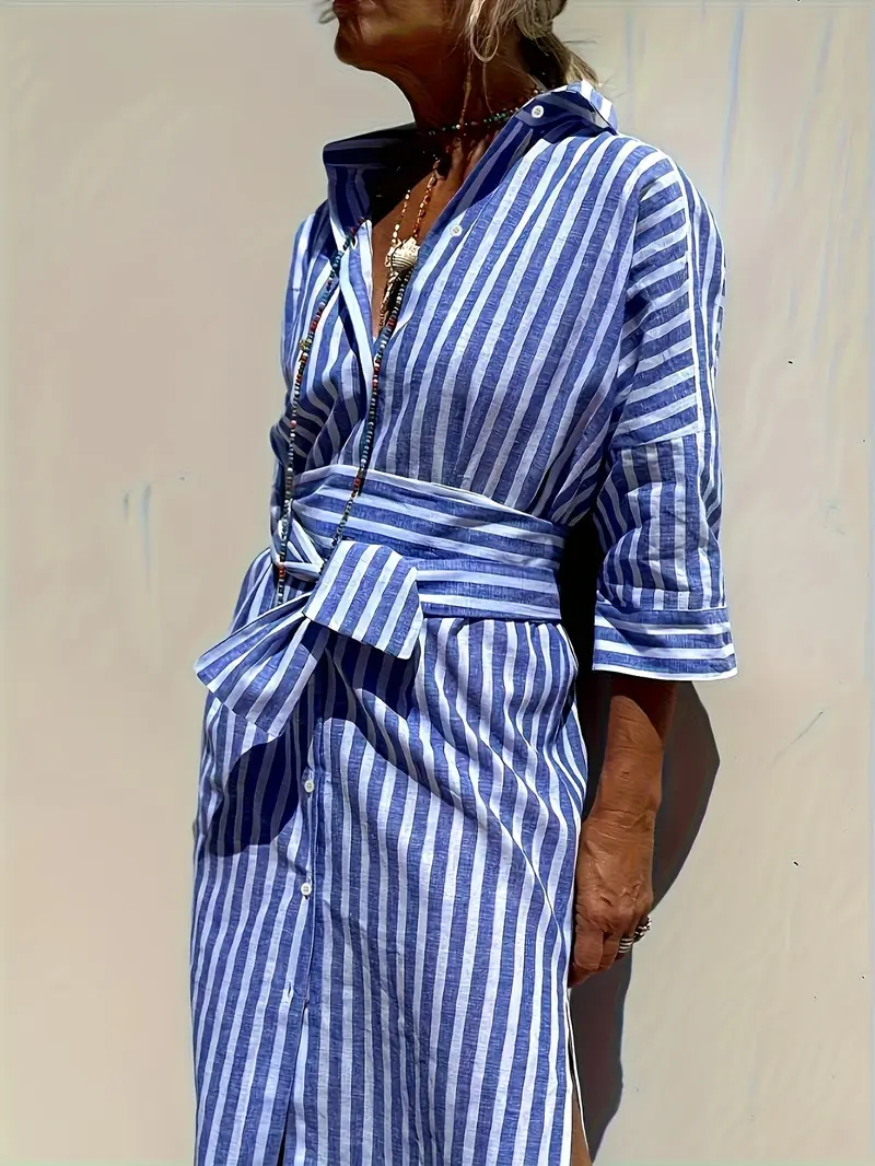 CHRISTINE | STRIPED PRINT DRESS WITH BUTTON CLOSURE AND BELT