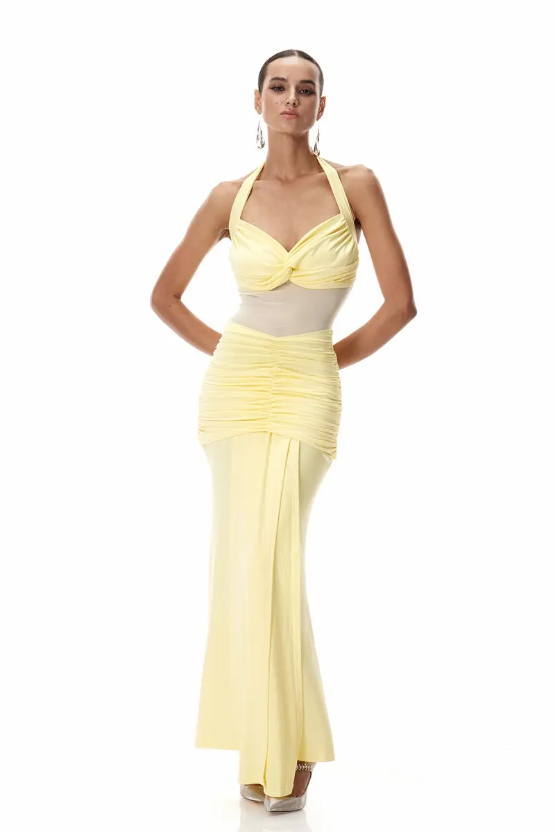 Cistimiru Halter Neck Tie Up Maxi Dress In Yellow
