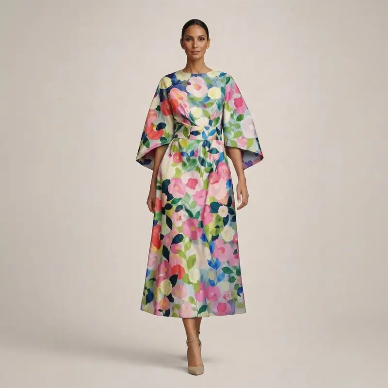 CLEMENTINE | Floral Midi with Sculpted Waist and Airy Elegance