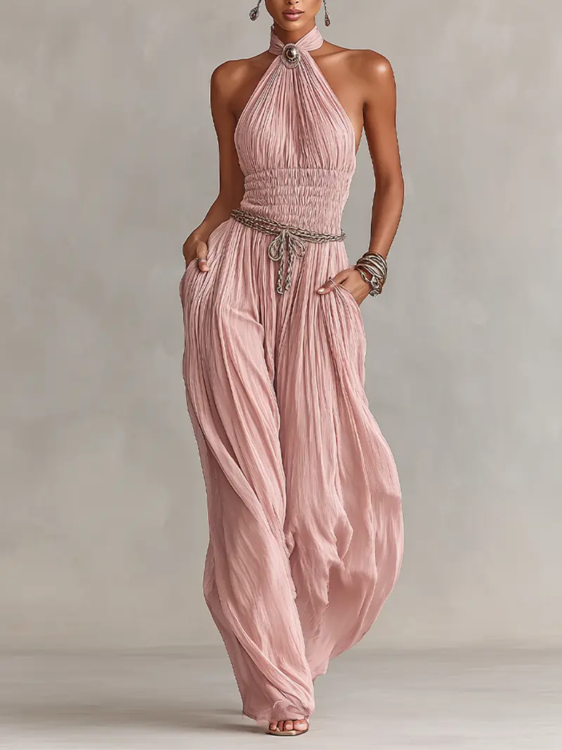 Coralie™ | Blush Pleated Halter-Neck Jumpsuit