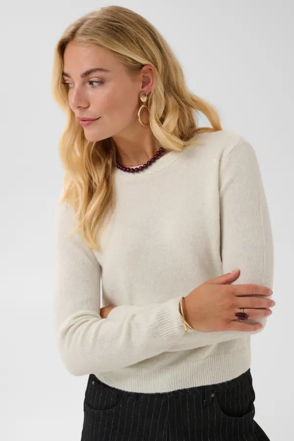 Cream offwhite trui met sparkle detail model CRJolli Knit O-neck Pullover  Whisper White