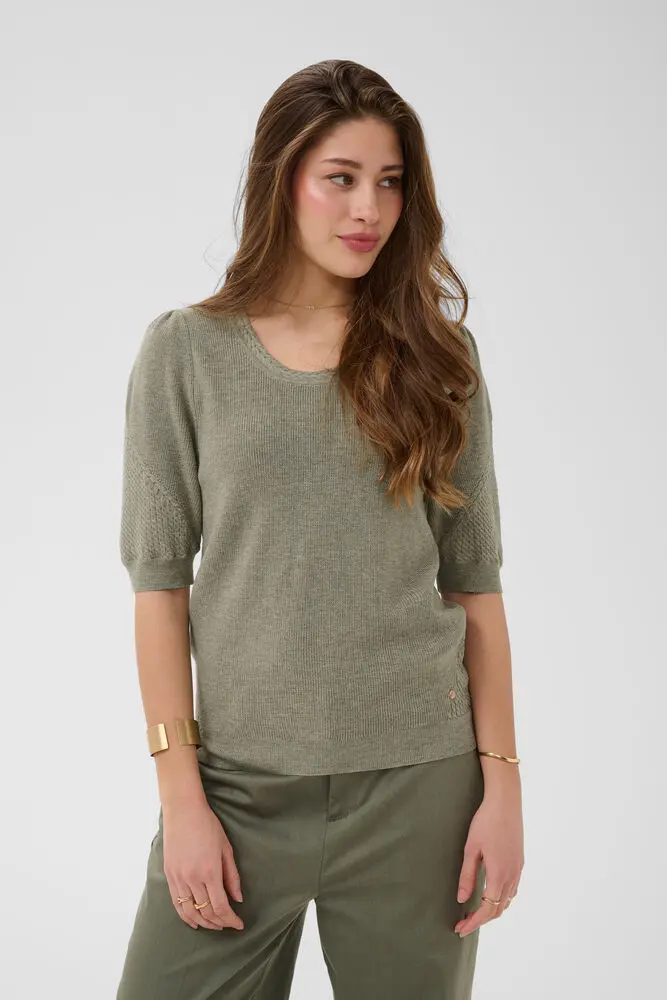 Cream trui met kortem ouw groen model CRdela knit blouse Mulled basil melange