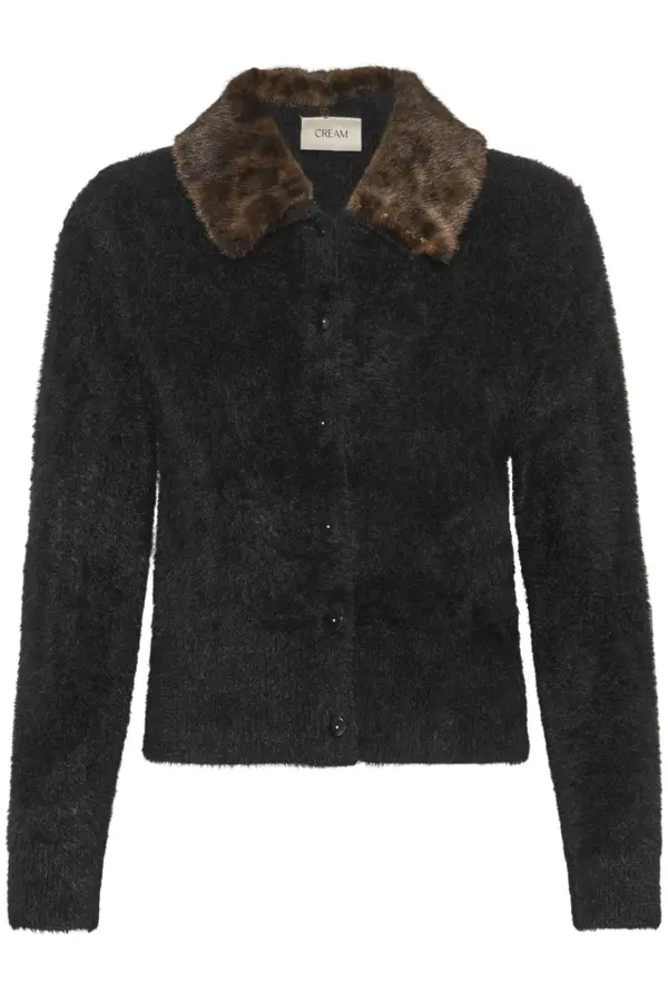 Cream vest zwart met afneembare panterkraag model CRInaya Knit Cardigan Pitch Black