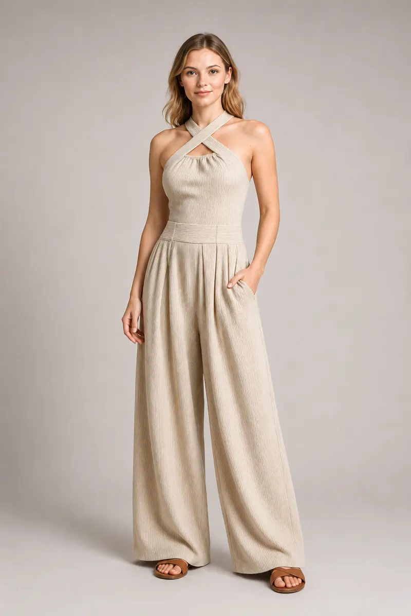 Cross-Neck Wide-Leg Jumpsuit