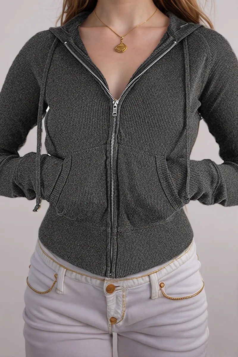 Damen Crop Top Gerippt Mit Reißverschluss Und Kapuze