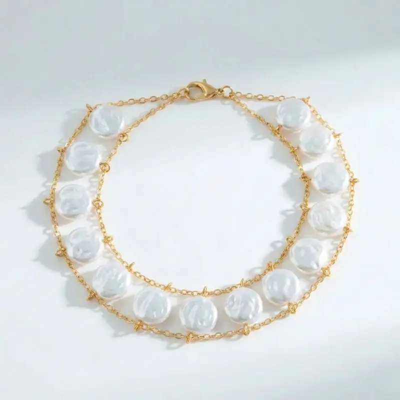 Damen Doppelreihiges Perlenarmband mit Goldfarbener Kette | Shop Nory