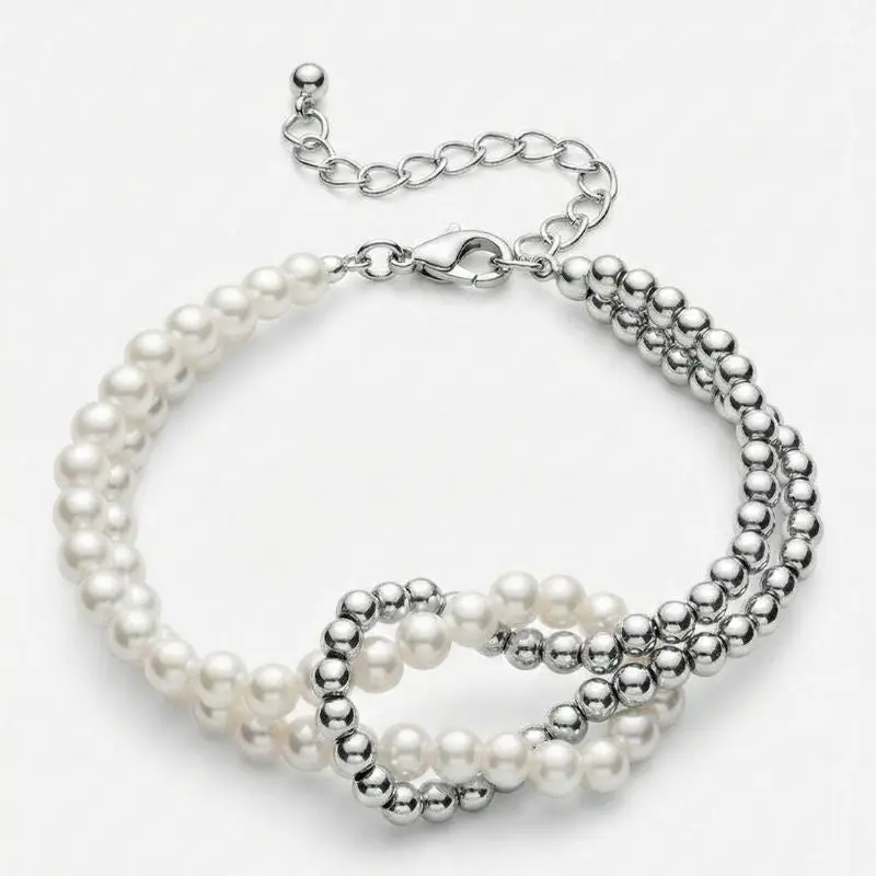 Damen Doppeltes Perlenarmband mit Silberfarbenen Kugelperlen | Shop Nory