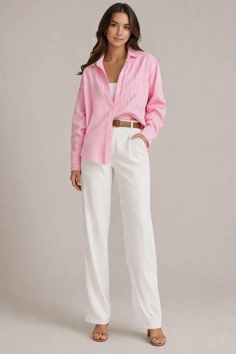 Damen Gestreifte Bluse Locker Rosa Weiß