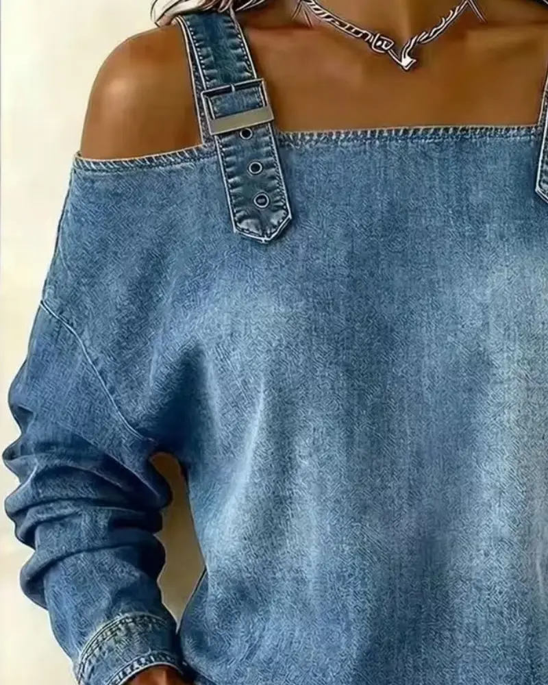 Damen Jeansbluse Mit Cut Out Schultern Und Knopfleiste