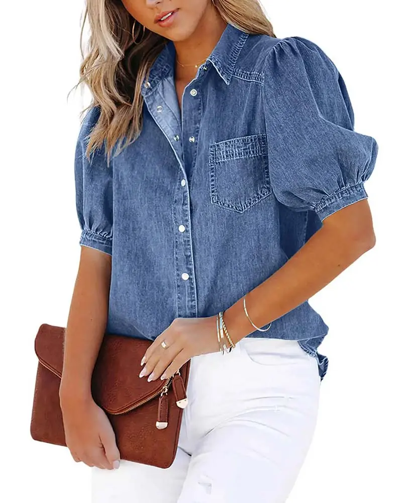 Damen Jeansbluse Mit Laternenärmeln Und Druckknöpfen