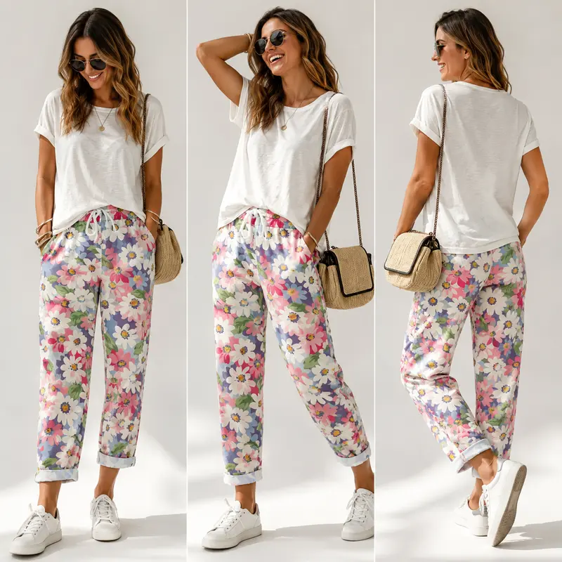 Damen Karottenhose Mit Blumenprint Und Kordelzug