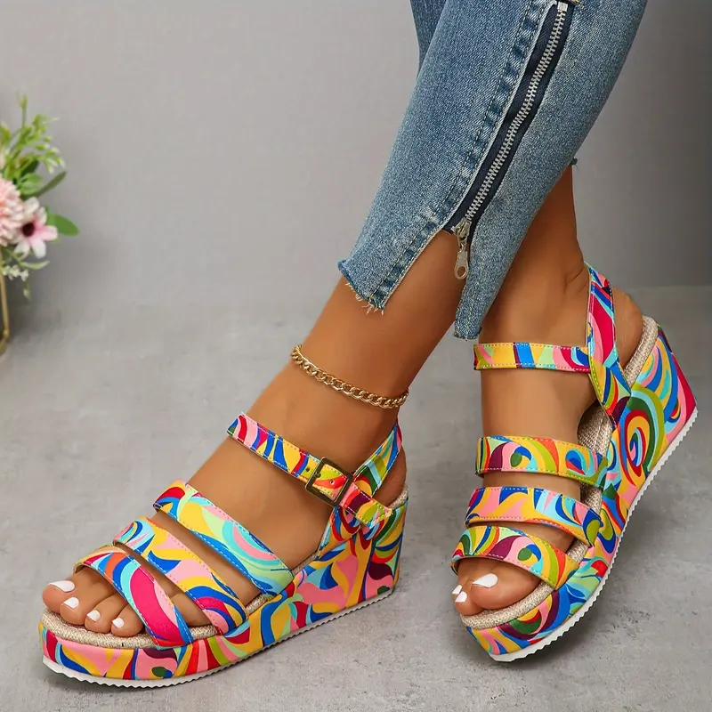 Damen Keilsandalen Mit Plateau Bunt