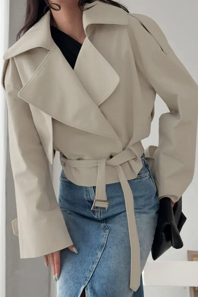 Damen Kurzjacke Mit Gürtel Und Reverskragen