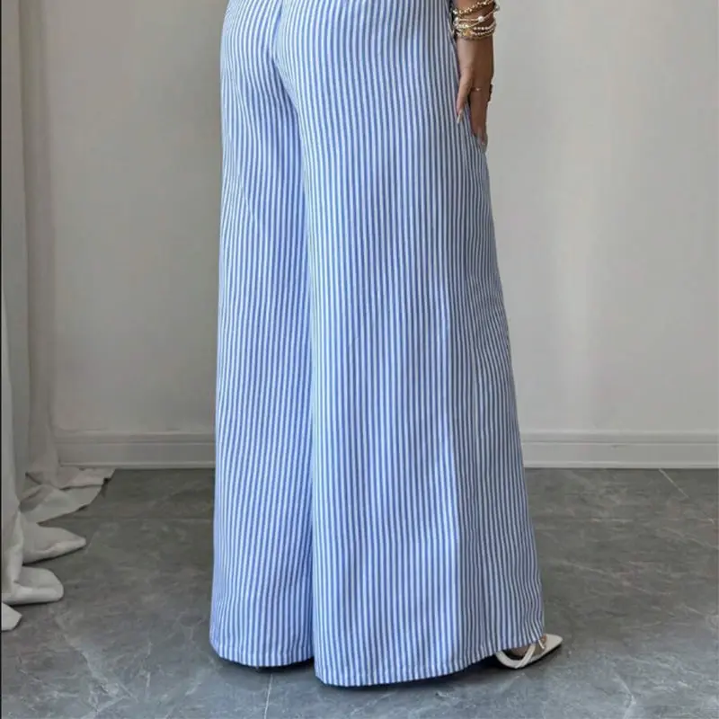 Damen Leinenhose Gestreift Mit Hohem Bund