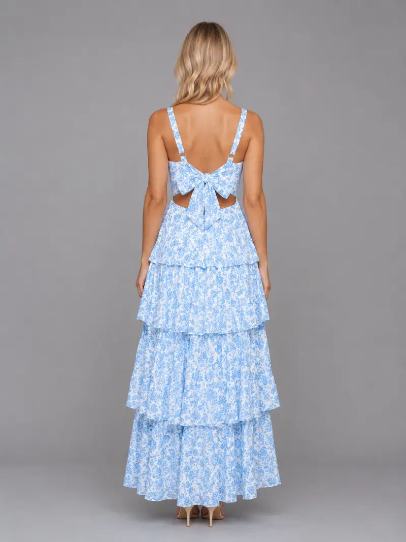 Damen Maxi Kleid Mit Blumenprint Und Stufenrock