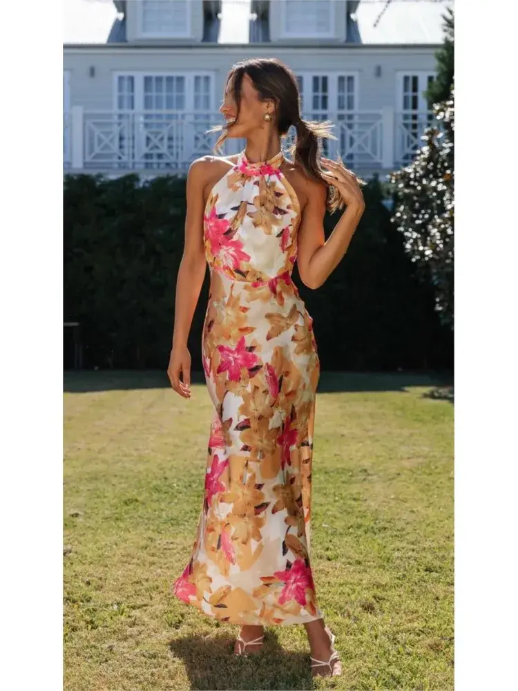 Damen Maxikleid Mit Blumenprint Und Halterneck