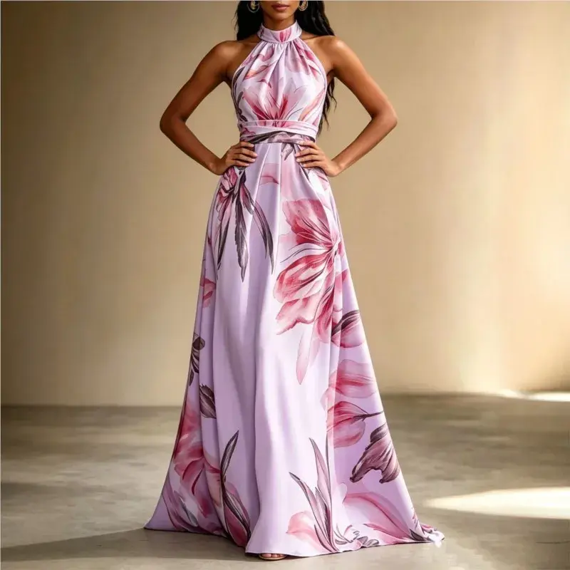 Damen Maxikleid Mit Blumenprint Und Hoher Taille Rosa