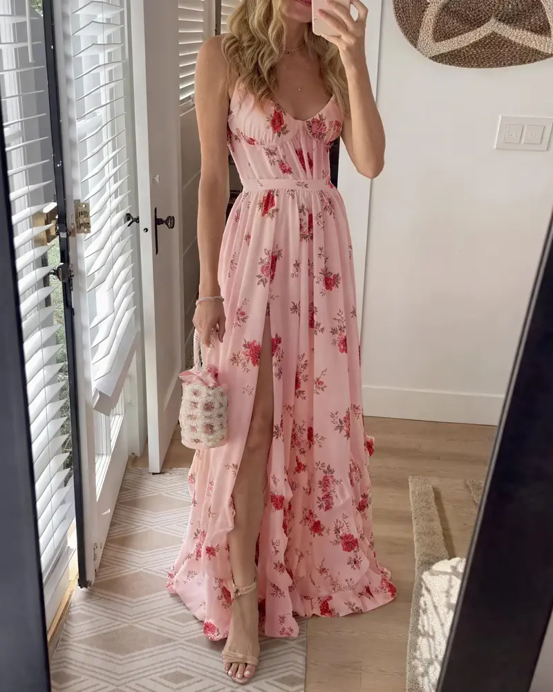 Damen Maxikleid Mit Blumenprint Und Seitenschlitz
