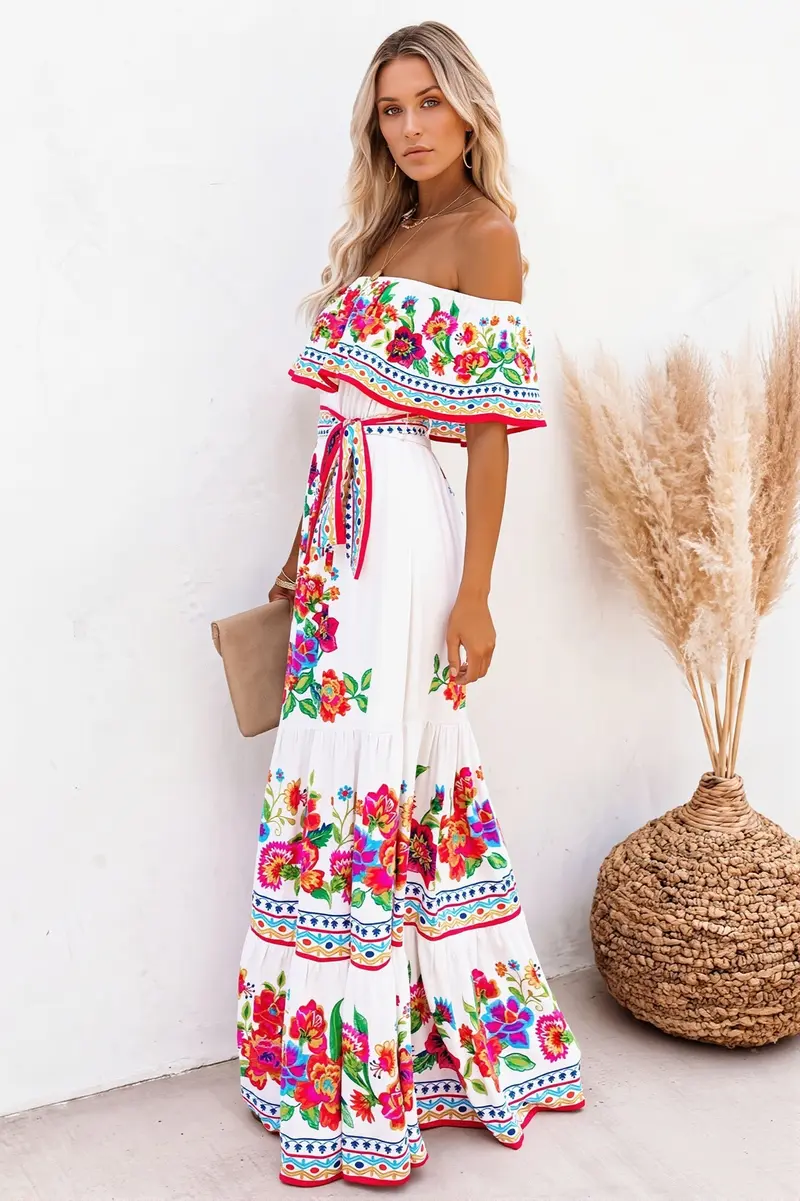 Damen Maxikleid Mit Blumenprint Und Volants
